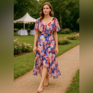NWT Catherine Malandrino Wrap Floral Multicolor Maxi Dress Size 2
